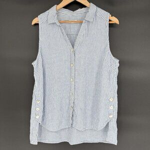 J.Jill Love Linen Striped Sleeveless Button-Down Top L Petite Blue White Coastal